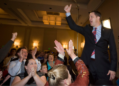 Steve Griffin  |  The Salt Lake Tribune&#xA;&#xA;U.S. congressional candidate Morgan Philpot is cheered on by supporters during an interview  during the Utah GOP election night celebrations at the Hilton Hotel in Salt Lake City Tuesday, November 2, 2010.