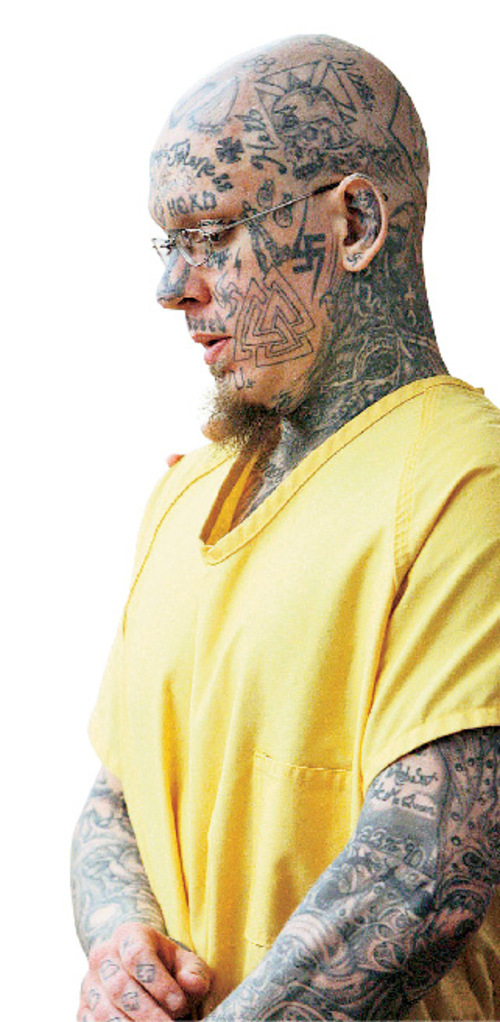 Francisco Kjolseth  | Tribune file photo
Curtis Allgier is charged with capital murder and seven other felonies in the June, 25, 2007, slaying of 60-year-old prison Officer Stephen Anderson. Allgier's lawyers want his tattoos covered up during his trial to avoid prejudicing the jury.