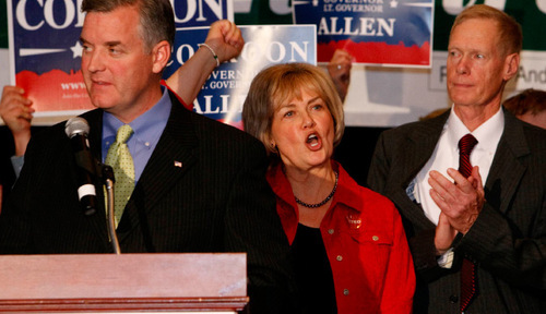 Leah Hogsten  |  The Salt Lake Tribune&#xA;Democratic Salt Lake County Mayor and Utah Governor nominee Peter Corroon was joined with his running mate State Representative Sheryl Allen, with her husband John (right) during his concession speech at the democratic party headquarters Downtown Marriott Hotel on election night Tuesday, November 2, 2010, in Salt Lake City.&#xA;