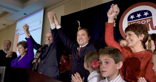 Steve Griffin  |  The Salt Lake Tribune&#xA;&#xA;Utah governor Gary Herbert and First Lady Jeanette Herbert raise their arms in victory with Lieutenant Governor Greg Bell and his wife JoLynn Bell as they claim victory in their race against Peter Carroon during the Utah GOP election night celebrations at the Hilton Hotel in Salt Lake City Tuesday, November 2, 2010.
