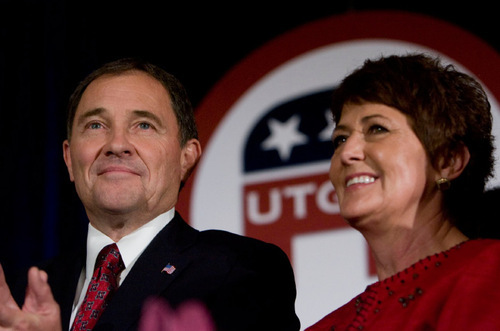 Steve Griffin  |  The Salt Lake Tribune&#xA;&#xA;Utah governor Gary Herbert and First Lady Jeanette Herbert are greeted by supporters during the Utah GOP election night celebrations at the Hilton Hotel in Salt Lake City Tuesday, November 2, 2010.