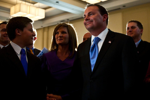 Chris Detrick  |  The Salt Lake Tribune &#xA;Republican Mike Lee and his wife Sharon at the Salt Lake Hilton Hotel Tuesday November 2, 2010.   Conservative Republican Mike Lee coasted to an easy win Tuesday over Democrat Sam Granato in Utah's Senate race -- shifting Utah's representation in Congress even further to the right, and completing a big victory for the tea party nationally.