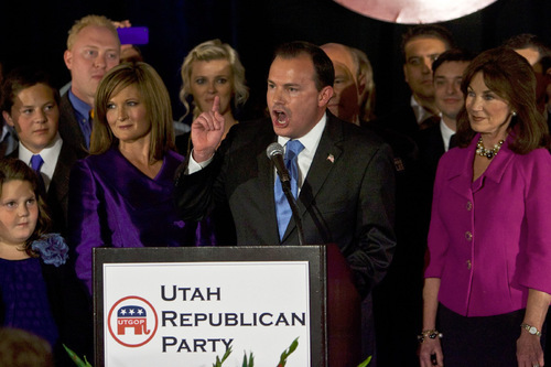 Chris Detrick  |  The Salt Lake Tribune &#xA;Surrounded by family, friends and supporters, Republican Mike Lee speaks at the Salt Lake Hilton Hotel Tuesday November 2, 2010.  Conservative Republican Mike Lee coasted to an easy win Tuesday over Democrat Sam Granato in Utah's Senate race -- shifting Utah's representation in Congress even further to the right, and completing a big victory for the tea party nationally.