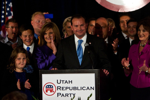 Chris Detrick  |  The Salt Lake Tribune &#xA;Surrounded by family, friends and supporters, Republican Mike Lee speaks at the Salt Lake Hilton Hotel Tuesday November 2, 2010.  Conservative Republican Mike Lee coasted to an easy win Tuesday over Democrat Sam Granato in Utah's Senate race -- shifting Utah's representation in Congress even further to the right, and completing a big victory for the tea party nationally.
