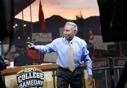 Scott Sommerdorf  l  The Salt Lake Tribune&#xA;Longtime ESPN GameDay analyst Lee Corso arrives on the set of the program early in the morning Saturday. The ESPN College Gameday program did its broadcast at the University of Utah prior to the TCU at Utah game, Saturday, 11/6/2010.