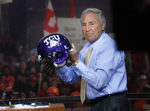 Scott Sommerdorf  l  The Salt Lake Tribune&#xA;ESPN analyst Lee Corso teases the Ute fans by holding up a TCU helmet after he arrived on the set early Saturday morning. He would later pick TCU to win the game. The ESPN College Gameday program did its broadcast at the University of Utah prior to the TCU at Utah game, Saturday, 11/6/2010.