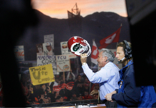 Scott Sommerdorf  l  The Salt Lake Tribune&#xA;ESPN analyst Lee Corso teases the Utah fans by holding up the Ute helmet before the live broadcast began. Later he would pick TCU to win the game. The ESPN College Gameday program did its broadcast at the University of Utah prior to the TCU at Utah game, Saturday, 11/6/2010.