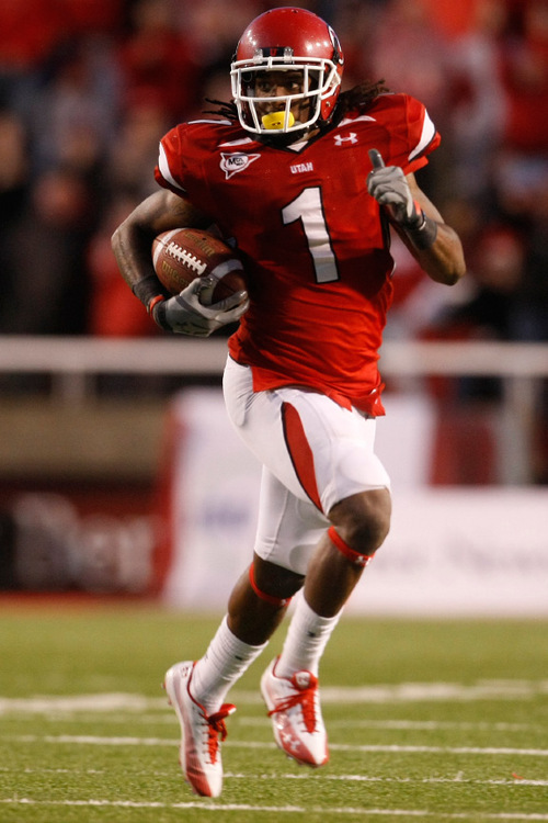 Chris Detrick  |  The Salt Lake Tribune 
Utah Utes wide receiver Shaky Smithson #1 run the ball during the second half of the game at Rice-Eccles Stadium Saturday October 23, 2010.  The Utes won the game 59-6.