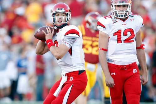 Chris Detrick  |  The Salt Lake Tribune &#xA;Utah Utes quarterback Jordan Wynn #3 warms up before the game at Jack Trice Stadium in Ames, Iowa Saturday October 9, 2010. Utah Utes quarterback Griff Robles #12 is at right.