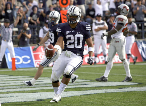Leah Hogsten  |  The Salt Lake Tribune&#xA;BYU running back Joshua Quezada (20) second touchdown in the first half. &#xA;The BYU Cougars  leads UNLV  35-0 at the half during their Mountain West Conference game at LaVell Edwards Stadium Saturday, November 6, 2010, in Provo.&#xA;