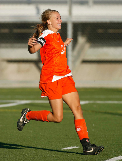 Trent Nelson  |  The Salt Lake Tribune
Brighton's Stephanie Verdoia celebrates after scoring three goals to beat Davis high school 3-0 at the 5A girls' soccer state championships semifinals at Juan Diego High School Tuesday, October 19, 2010