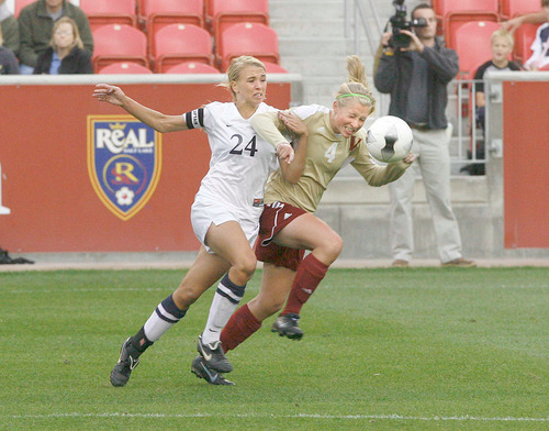 Paul Fraughton  |  The Salt Lake Tribune Brighton's Stephanie Verdoia and Viewmont's Heidi Lorscheider  battle for the ball. Brighton High defeated Viewmont at Rio Tinto Stadium  for the 5A state championship  on  Friday,October 22, 2010