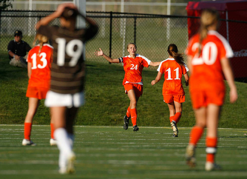 Trent Nelson  |  The Salt Lake Tribune&#xA;Brighton's Stephanie Verdoia celebrates one of her three goals. Brighton defeated Davis high school 3-0 at the 5A girls' soccer state championships semifinals at Juan Diego High School Tuesday, October 19, 2010