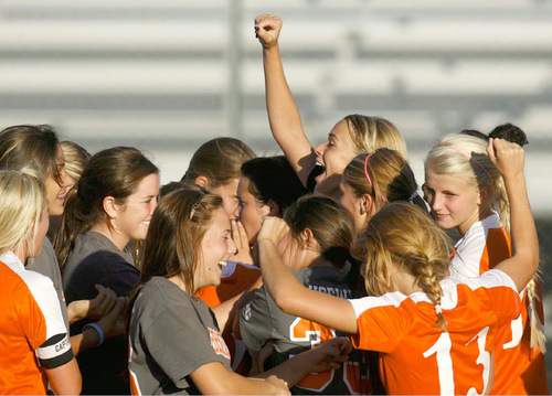 Trent Nelson  |  The Salt Lake Tribune&#xA;Brighton's Stephanie Verdoia celebrates with teammates after scoring three goals to beat Davis high school 3-0 at the 5A girls' soccer state championships semifinals at Juan Diego High School Tuesday, October 19, 2010