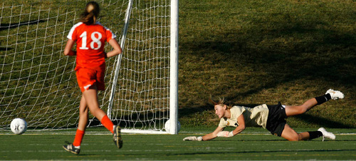 Trent Nelson  |  The Salt Lake Tribune&#xA;Davis goalkeeper Danielle MacKay watches the ball go into the net as Brighton's Stephanie Verdoia (not pic'd) scores. Brighton defeated Davis high school 3-0 at the 5A girls' soccer state championships semifinals at Juan Diego High School Tuesday, October 19, 2010