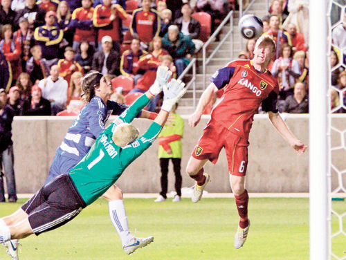Real Salt Lake Nat Borchers misses a game-winning goal against FC Dallas in Rio Tinto Stadium.
Stephen Holt / Special to the Tribune