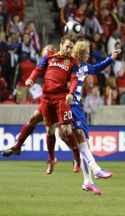 Real Salt Lake's Ned Granavoy goes for a header against FC Dallas during their home loss in Rio Tinto Stadium on Saturday night.&#xA;Stephen Holt / Special to the Tribune