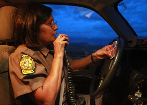 Rick Egan   |  The Salt Lake Tribune
Heather Tolth, of the Navajo Police, assists the Bureau of Indian Affairs during a traffic stop Oct. 21, at a spot near the Navajo reservation between Shiprock, N.M., and Montezuma Creek, Utah.