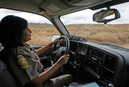 Rick Egan   |  The Salt Lake Tribune
Heather Tolth, of the Navajo Police, patrols the Shiprock district of the Navajo reservation in October near Montezuma Creek.