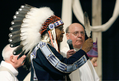Scott Sommerdorf  l  The Salt Lake Tribune&#xA;Ute Elder and Spiritual leader Clifford Duncan performs a ceremony near the beginning of the Ordination and Consecration of The Reverend Canon Scott Byron Hayashi as the Eleventh Bishop Diocesan of The Episcopal Diocese of Utah, Saturday, 11/6/2010.