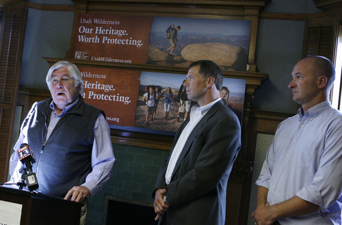 Francisco Kjolseth  |  The Salt Lake Tribune
Board Chairman Darrell Kuffke, left, of the Southern Utah Wilderness Alliance, SUWA, unveils the new media campaign to build public support for protections of Utah's most valuable resources, our wilderness heritage. At right, are Executive Dirctor Scott Groene, center, and Media Director Mathew Gross. SUWA's new campaign will include a new website, TV commercials, billboards and web advertising. 
Salt Lake City, Nov. 09, 2010.