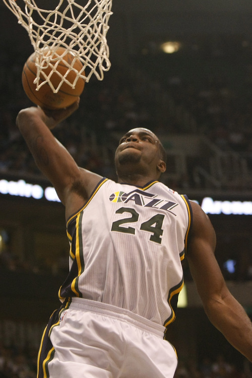 Chris Detrick  |  The Salt Lake Tribune 
Utah Jazz power forward Paul Millsap #24 dunks the ball during the second half of the game at EnergySolutions Arena Thursday October 14, 2010.  The Jazz won the game 108-97.