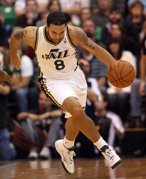 Steve Griffin  |  The Salt Lake Tribune

Utah Jazz guard Deron Williams lowers his head and charges up court during first half action of the Jazz versus Toronto basketball game at EnergySolutions Arena in Salt Lake City Wednesday, November 3, 2010.