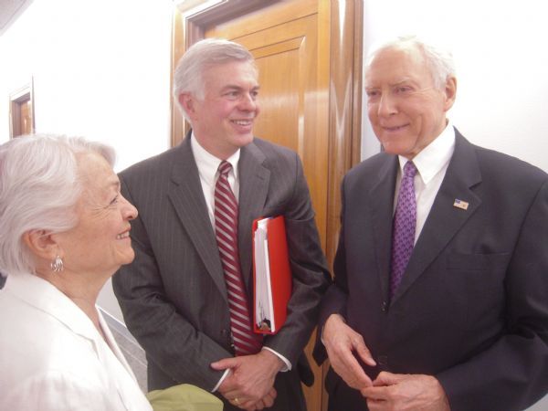 Scott Matheson Jr., center, chats recently with his mother, Norma Matheson, and Sen. Orrin Hatch, R-Utah, after a Senate Judiciary
Committee hearing on Scott Matheson's nomination to the 10th
Circuit Court of Appeals. Hatch is vowing to press for a vote soon in the full Senate. THOMAS BURR | The Salt Lake Tribune