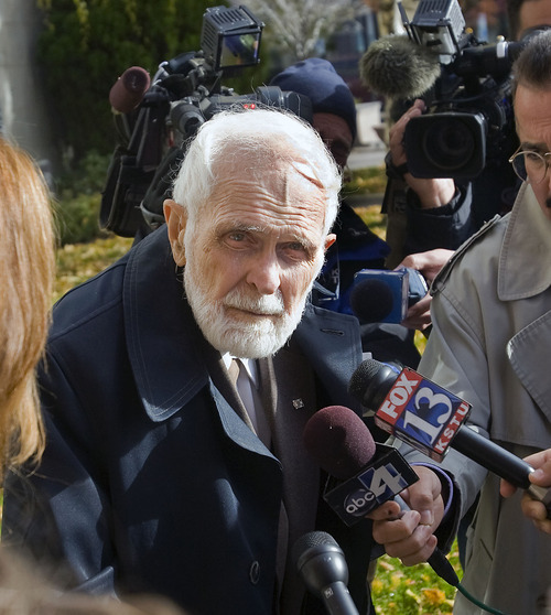 Al Hartmann  |  The Salt Lake Tribune
Shirl Mitchell, 87, father of Brian David Mitchell speaks to the media as he  leaves the Frank Moss Federal Building in Salt Lake City on Wednesday November 17th.  He testified for the defense.