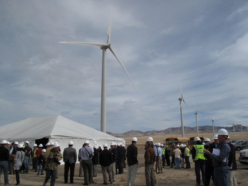More than 100 people gatheredunder wind turbines on Tuesday in Beaver County to celebrate completion of the Milford Wind Corridor Project. Mark Havnes/The Salt Lake Tribune