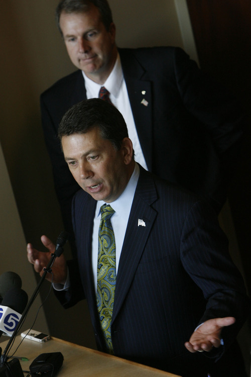 Francisco Kjolseth  |  The Salt Lake Tribune
Rep. Stephen Sandstrom argues over maintaining a balance of compassion and the rule of law during a press conference in support of his immigration bill at the Utah State Capitol. In background is Rep. Chris Herrod.
 Salt Lake City Nov. 17, 2010.