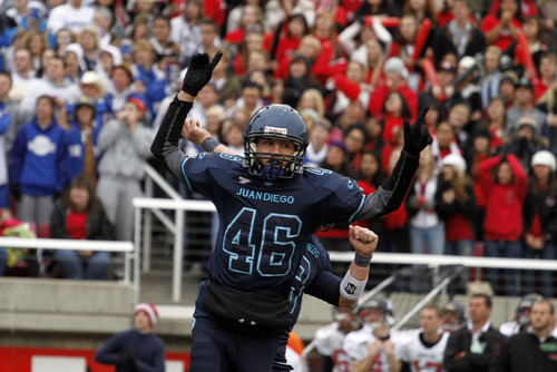 Juan Diego's Skyler Doran celebrates after hitting the winning field goal during the 3A high school football championships Friday, Nov. 19, 2010, in Salt Lake City. Juan Diego defeated Hurricane for the 3A title 10-7. (Jim Urquhart/ Special to The Salt Lake Tribune)