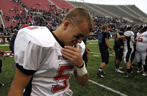 Hurricane's Weston Yardley cries as the end of the 3A high school football championships Friday, Nov. 19, 2010, in Salt Lake City. Juan Diego defeated Hurricane for the 3A title 10-7. (Jim Urquhart/ Special to The Salt Lake Tribune)