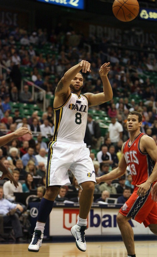 Steve Griffin  |  The Salt Lake Tribune
 
Utah's Deron Williams fires a pass crosscourt during first half action of the Utah Jazz versus New Jersey Nets basketball game at EnergySolutions Arena in Salt Lake City Wednesday, November 17, 2010.
