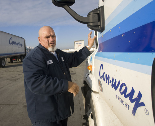 Al Hartmann  |  The Salt Lake Tribune 
Truck driver John Patea of Con-way Freight in Salt Lake City has driven 2 million miles without an accident.  He leaves the  Con-way Freight terminal at 858 So. 3760 West Salt on his daily run to Wamsutter, Wyoming.