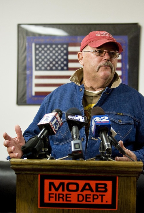 Djamila Grossman  |  The Salt Lake Tribune

Grand County Sheriff Jim Nyland talks during a press conference about an officer-involved shooting suspect his crews are searching for near Moab, Saturday, Nov. 20, 2010. Nyland said the search was called off for the night and will resume Sunday morning.