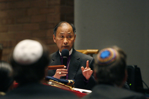 Scott Sommerdorf  l  The Salt Lake Tribune
The Right Reverend Scott B. Hayashi, of the Episcopal Diocese of Utah, speaks at the Thanksgiving week interfaith prayer service that was held  at Congregation Kol Ami  on Sunday.