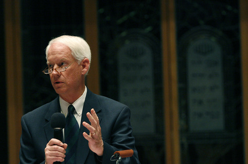 Scott Sommerdorf  l  The Salt Lake Tribune
John T. Nielsen, of The Church of Jesus Christ of Latter-day Saints, speaks at the Thanksgiving week interfaith prayer service that was held  at Congregation Kol Ami on Sunday.