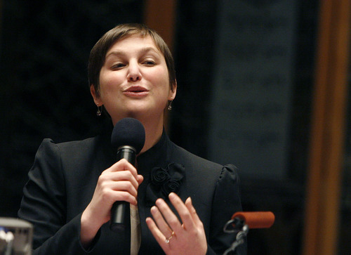 Scott Sommerdorf  l  The Salt Lake Tribune
Rabbi Ilana Schwartzman gives the benediction at the conclusion of the Thanksgiving week interfaith prayer service that was held  at Congregation Kol Ami on Sunday.