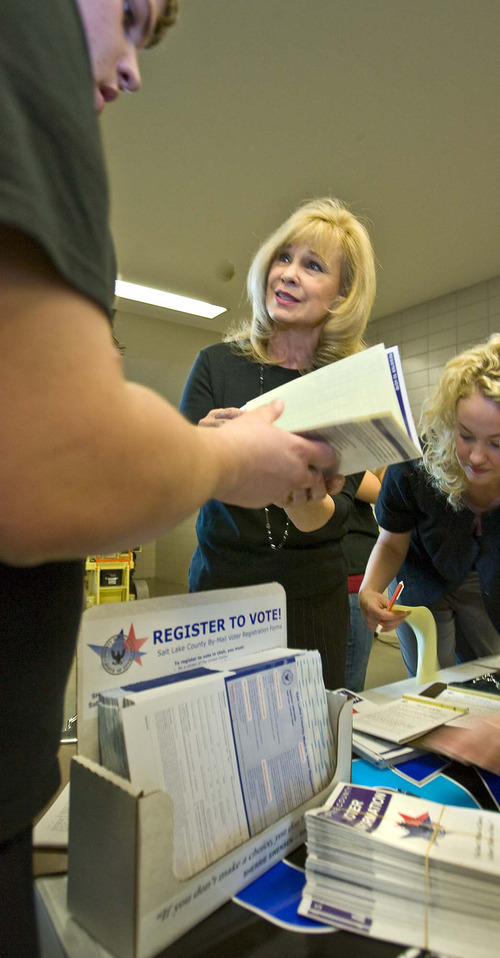 Paul Fraughton | Salt Lake Tribune
Salt Lake County Clerk Sherrie Swensen participates in a voter-registration drive at Murray High. Swensen added 150,000 people to the voting rolls during her first two years in office and many more since then.