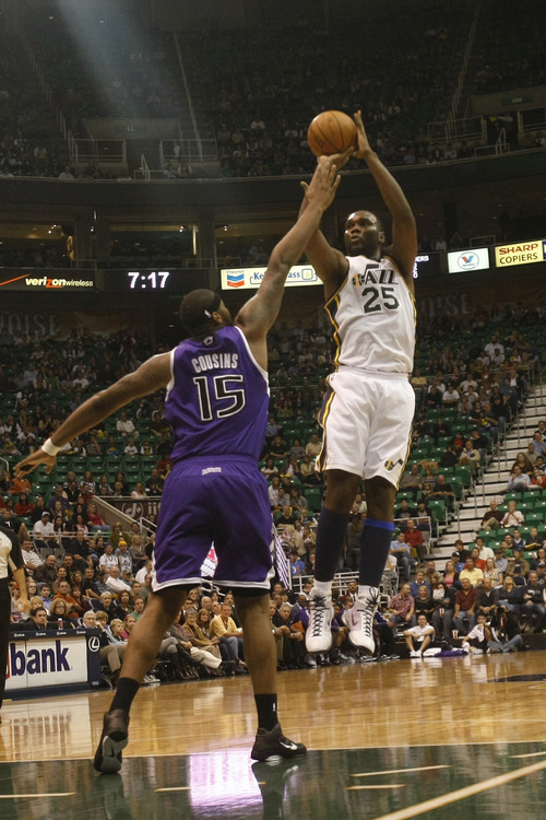 Chris Detrick  |  The Salt Lake Tribune 
Utah Jazz center Al Jefferson #25 shoots over Sacramento Kings power forward DeMarcus Cousins #15 during the first half of the game at Energy Solutions Arena Friday October 22, 2010.