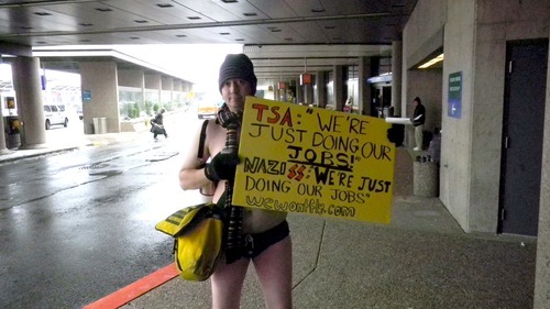 Tom Wharton  |  The Salt Lake Tribune

Furb Furbish, of Taylorville, braved frigid temperatures wearing a skimpy swimsuit outside terminal one at Salt Lake City Airport to protest body scanners and invasive pat-downs used by the Transportation Security Administration at airport security checkpoints.