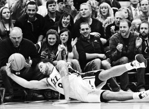 Trent Nelson  |  The Salt Lake Tribune
Utah Jazz guard Deron Williams (8) dives for a loose ball. Utah Jazz vs. New Orleans Hornets, NBA basketball at EnergySolutions Arena Wednesday, November 24, 2010.