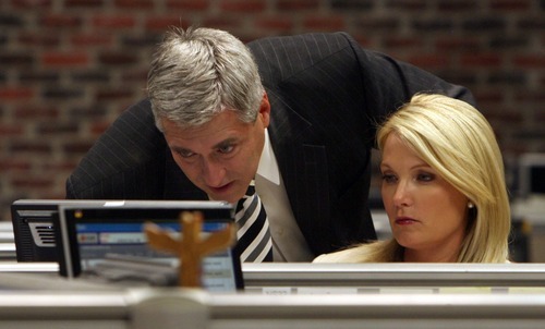 Steve Griffin  |  The Salt Lake Tribune
In this archive photo from August, KUTV's Mark Koelbel and  Shauna Lake review news scripts at their desks desks at KUTV studios in Salt Lake City.