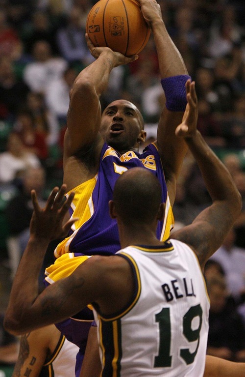 Trent Nelson  |  The Salt Lake Tribune
Los Angeles Lakers guard Kobe Bryant (24) shoots. Utah Jazz vs. Los Angeles Lakers, NBA basketball Friday, November 26, 2010 at EnergySolutions Arena.