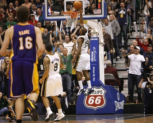 Trent Nelson  |  The Salt Lake Tribune
Utah Jazz guard Raja Bell (19) scores to put the Jazz up 98-96 with just over a minute left. Utah Jazz vs. Los Angeles Lakers, NBA basketball Friday, November 26, 2010 at EnergySolutions Arena.