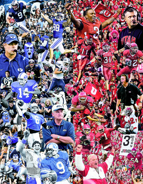 Trent Nelson  |  The Salt Lake Tribune
BYU vs Utah football rivalry illustration. Representing Utah: Brian Johnson, Alex Smith, Spencer Toone, Sheldon Deckart, Paul Kruger, Louie Sakoda, Kevin Dyson, Joe Dale, Eric Weddle, Daniel Jones, Casey Evans, Brandon Warfield and coaches Urban Meyer, Ron McBride, Kyle Whittingham. Representing BYU: Steve Young, Robbie Bosco, Max Hall, Jonathan Pittman, Jim McMahon, Andrew George, Ty Detmer, Owen Pochman, Luke Staley, Lenny Gomes, John Tait, Jonny Harline, Austin Collie and coaches Bronco Mendenhall, LaVell Edwards.