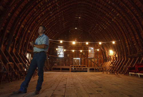 Leah Hogsten  |  The Salt Lake Tribune 

Lyle Holmgren stands in the Historic Holmgren Farm barn built in 1940. Holmgren's sister Tamara Zollinger owns the farm. The 1896 Historic Holmgren Farm was once a dairy farm and then later a beef cattle farm on 100 acres in the heart of Tremonton. Now the farm owned by Tamara Zollinger, granddaughter of first owner David Holmgren, is open for tours.