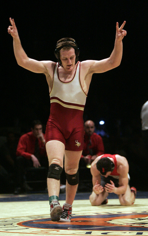 Jim Urquhart  |  The Salt Lake Tribune
Viewmont's Danner Kjar, left, celebrates after defeating Jayce Warren of Weber during high school championship wrestling Friday, February 12 2010 at Utah Valley University in Orem. Kjar won the 5A 145 pound title. 2/12/10