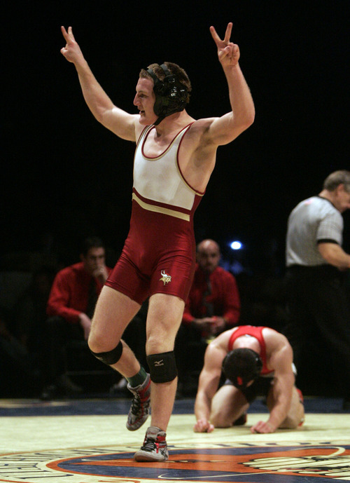 Jim Urquhart  |  The Salt Lake Tribune
Viewmont's Danner Kjar, left, celebrates after defeating Jayce Warren of Weber during high school championship wrestling Friday, February 12 2010 at Utah Valley University in Orem. Kjar won the 5A 145 pound title. 2/12/10